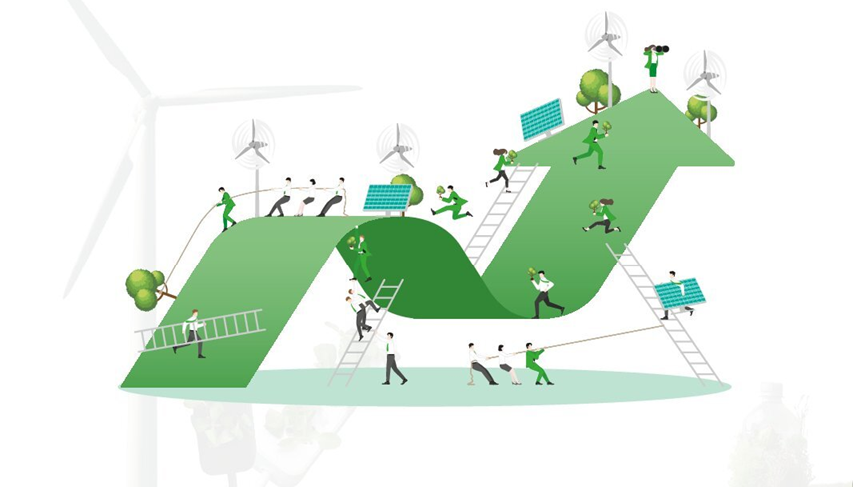 Illustration of people working together on sustainability